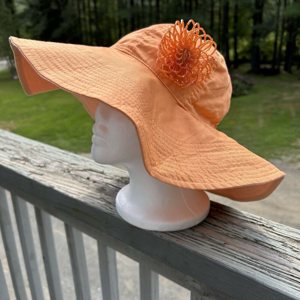 Womens Orange Reversible Floppy Sun Hat W/Beaded Flower Brooch 59cm Packable